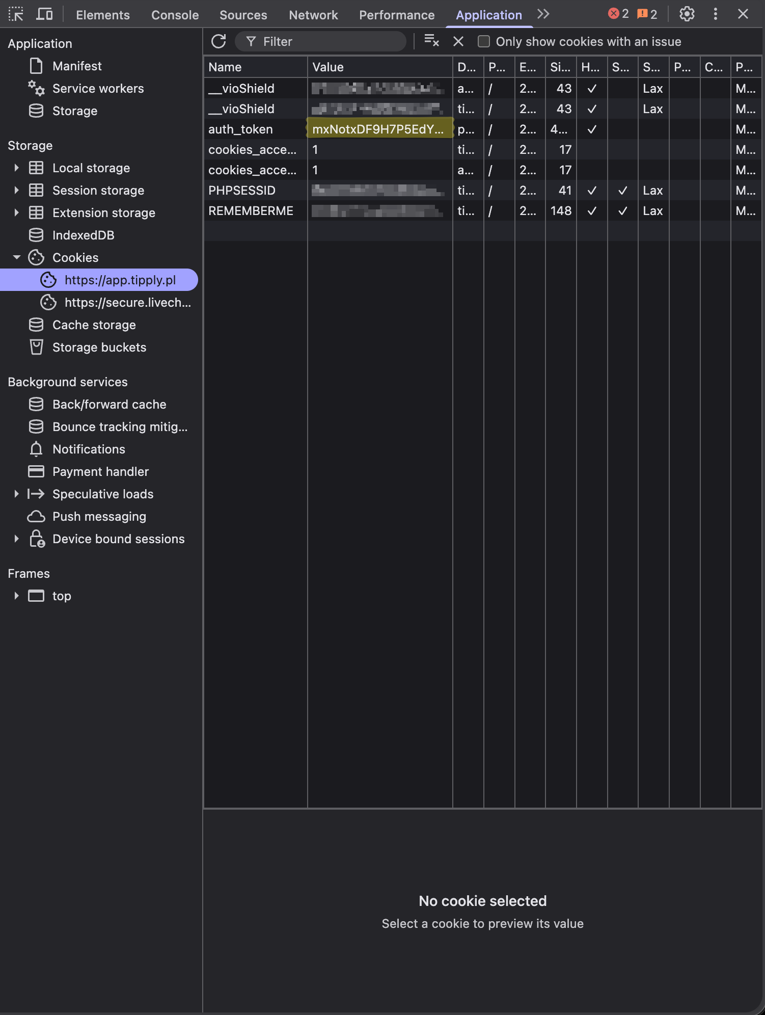 Cookies table for app.tipply.pl with the auth_token row visible